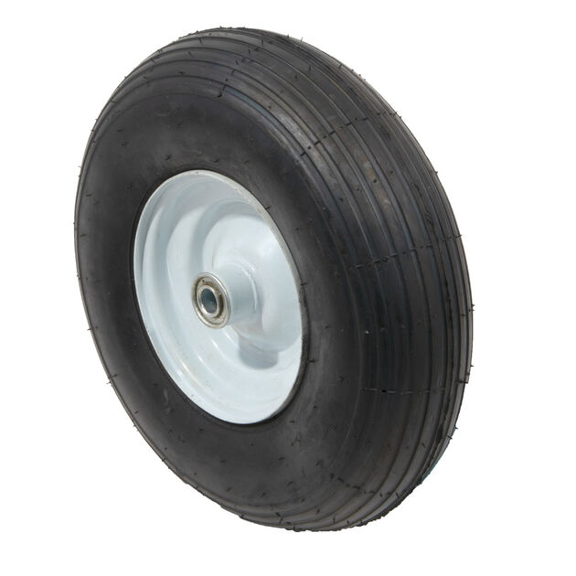 Pneumatic Wheel. 350 lbs. Load Rating. 3" Hub Length. 5/8" Ball Bearing. Ribbed Tread. 2-ply Rating