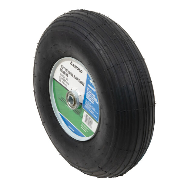 Pneumatic Wheel. 350 lbs. Load Rating. 3" Hub Length. 5/8" Ball Bearing. Ribbed Tread. 2-ply Rating