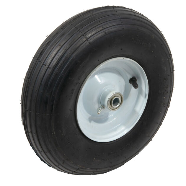Pneumatic Wheel. 350 lbs. Load Rating. 3" Hub Length. 5/8" Ball Bearing. Ribbed Tread. 2-ply Rating