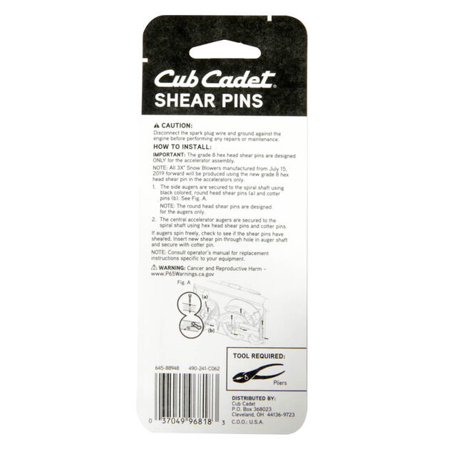 Shear Pins for Three Stage Snow Blowers